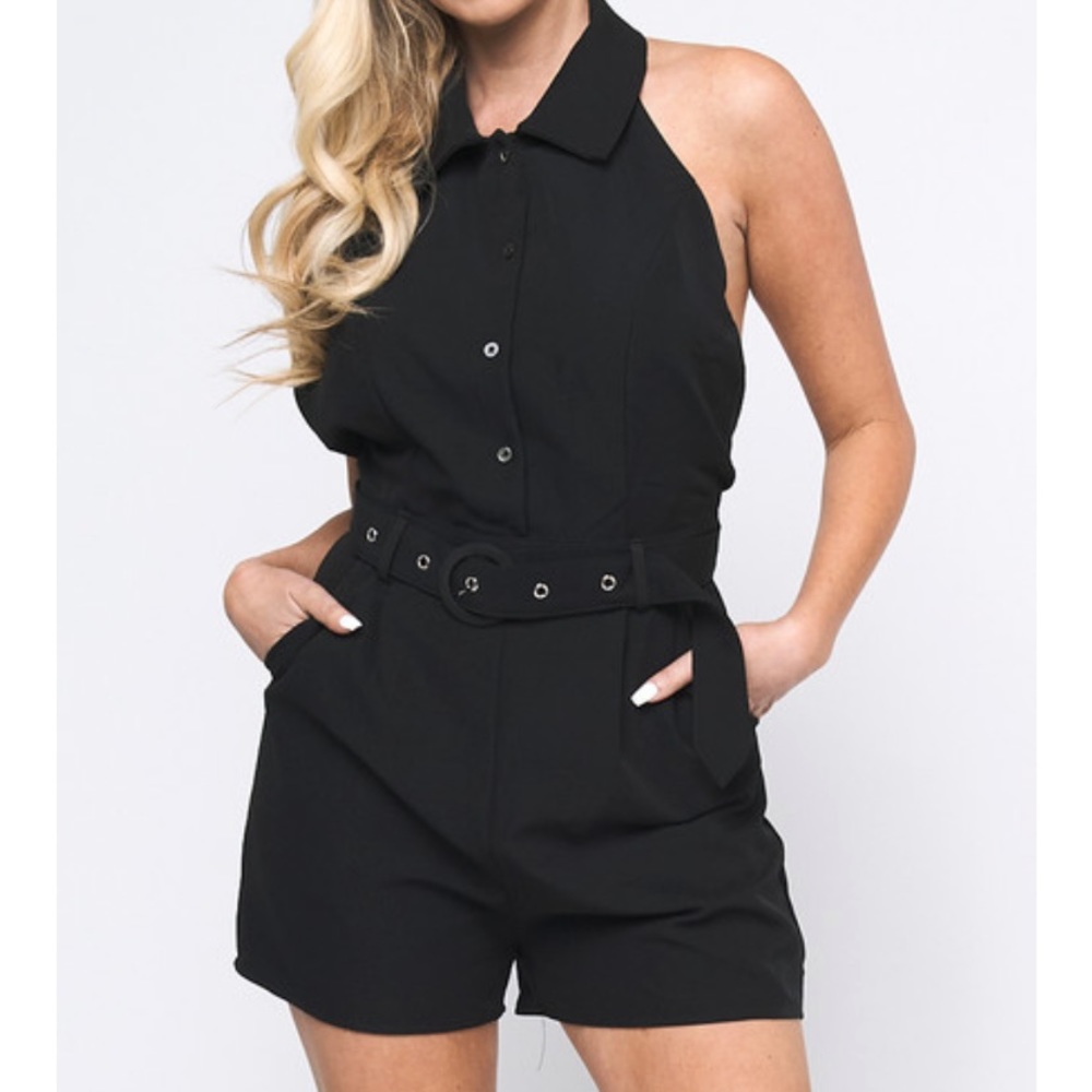 BLACK SOLID HALTER NECK ROMPER WITH BELT AND LINING